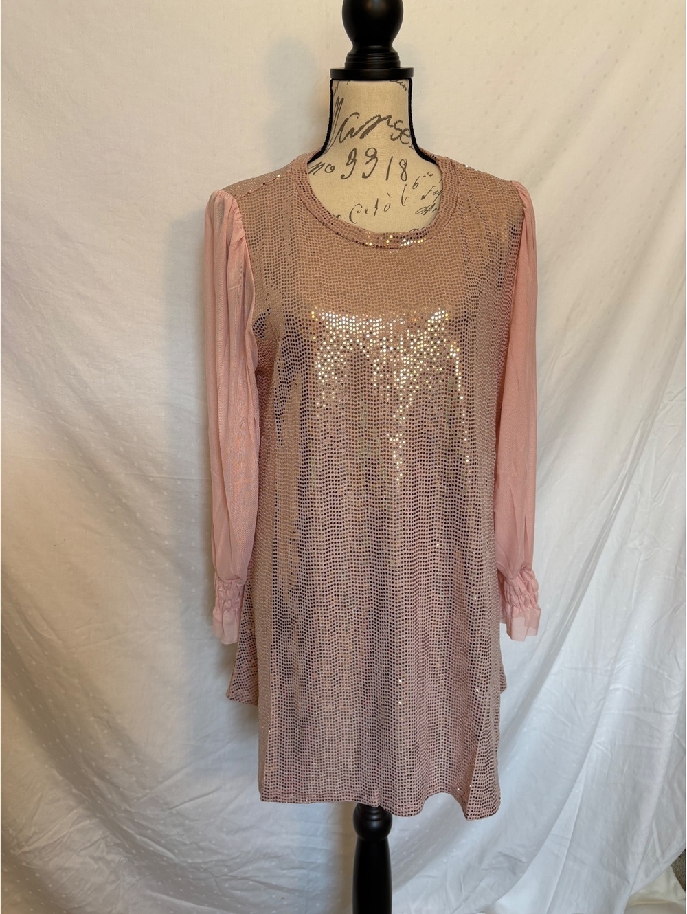 NWT. Origami by Vivien Blush Pink Sequin Sheer Sleeve Tunic Dress – Size